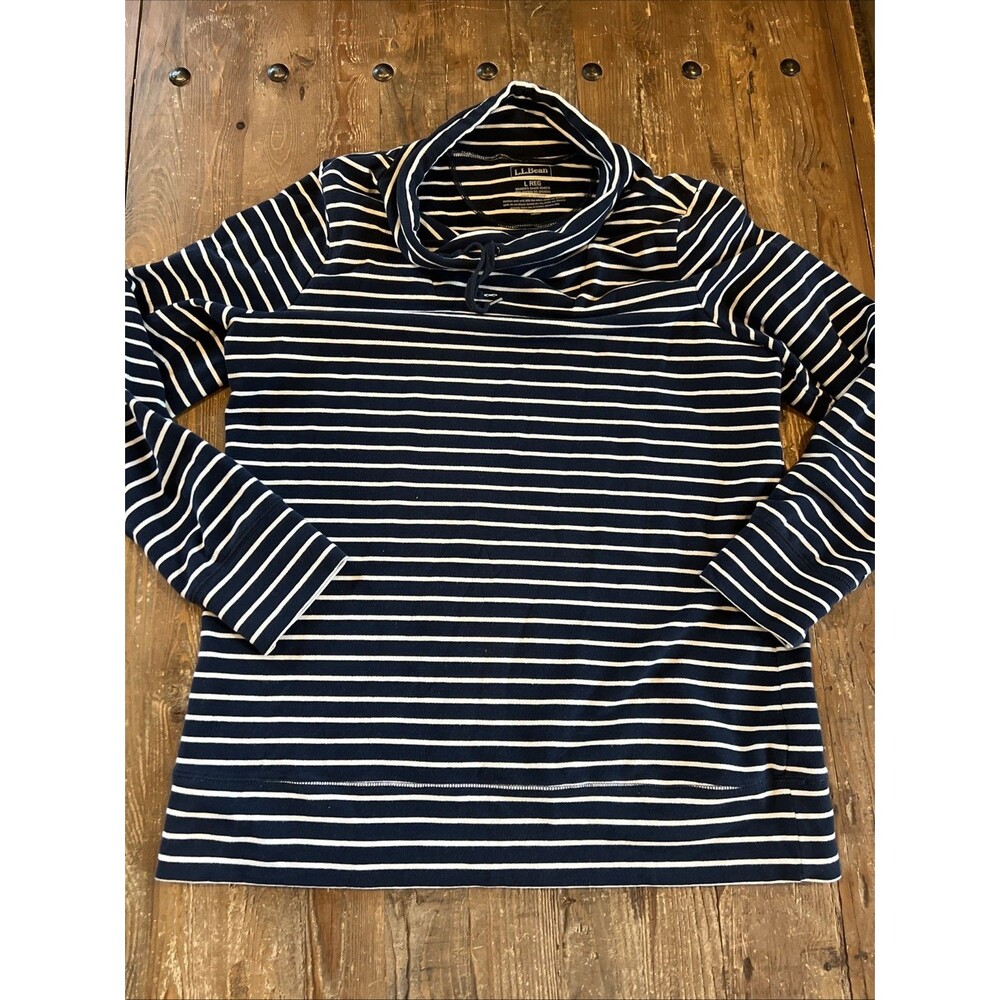 LL Bean Women’s Size L Navy Blue Stripe, Cotton Cowl Neck Long Sleeve Top